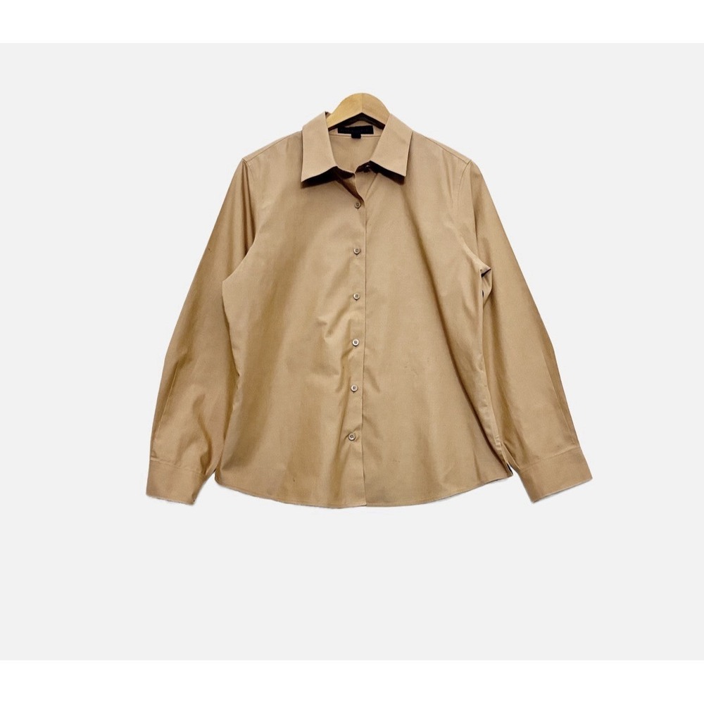 NINA MCLEMORE Button Down Shirt Brown Khaki Sz 12 Office Work Casual Luxury